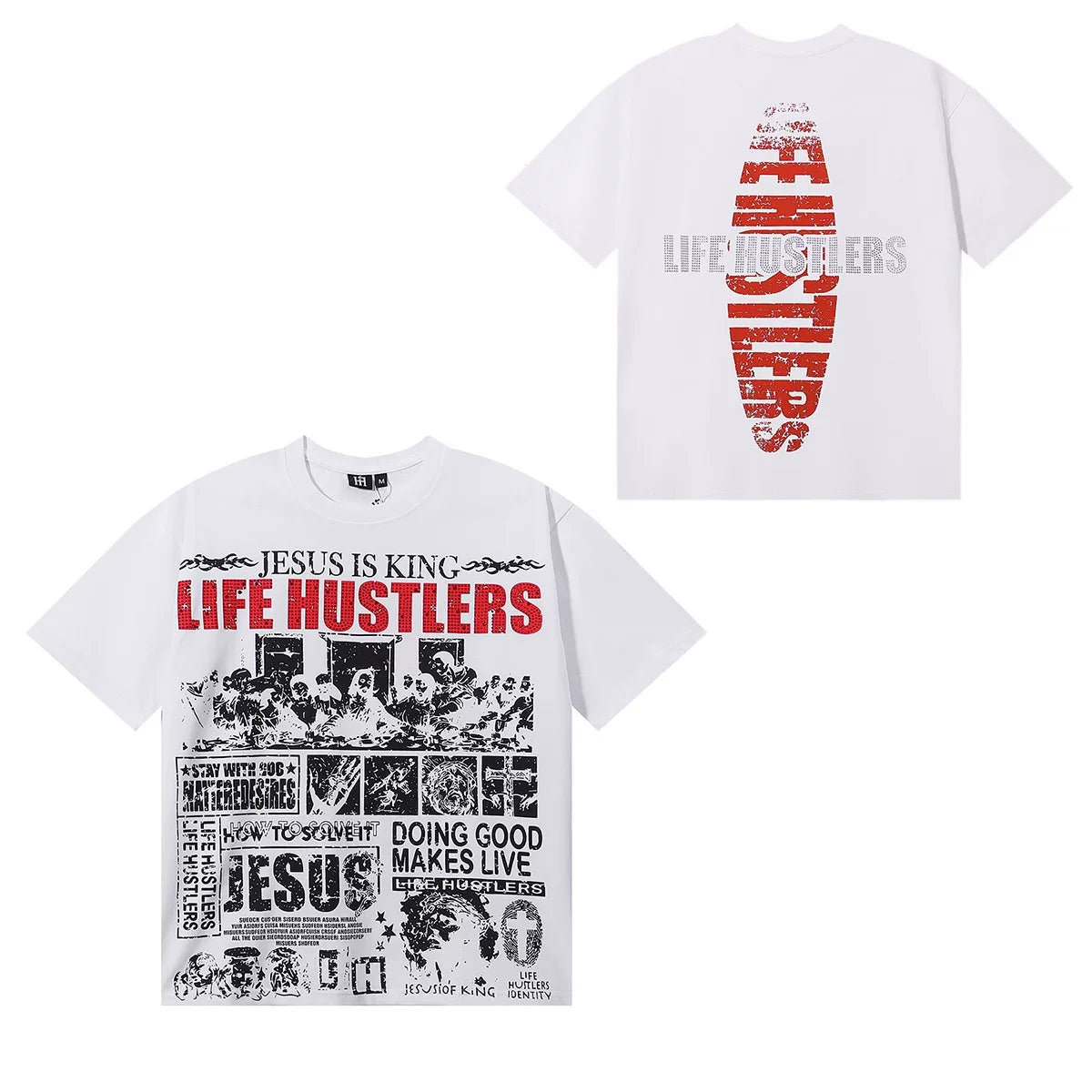 Life Hustlers Jesus Is King Newspaper Collage Tee - White