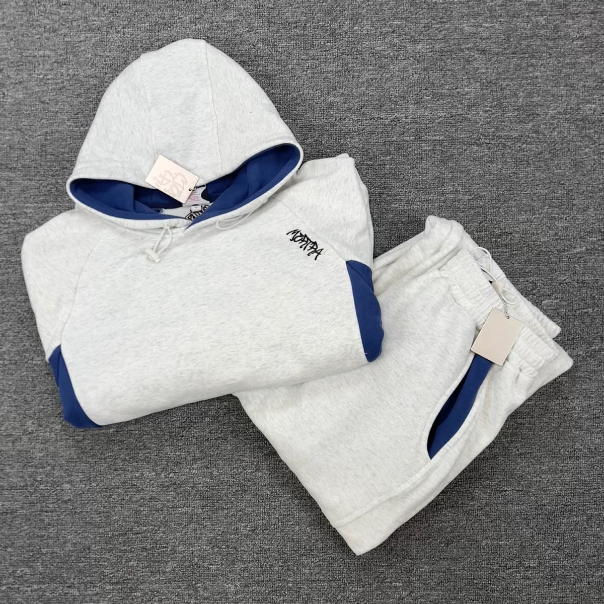 Mertra Contrast Colorblock Fleece Tracksuit Set - Light Grey/Blue