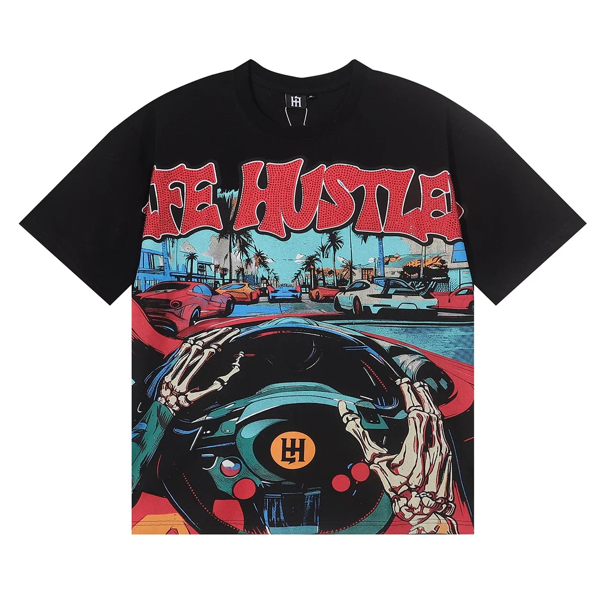 Life Hustlers Skeleton Driving Graphic Tee - Black